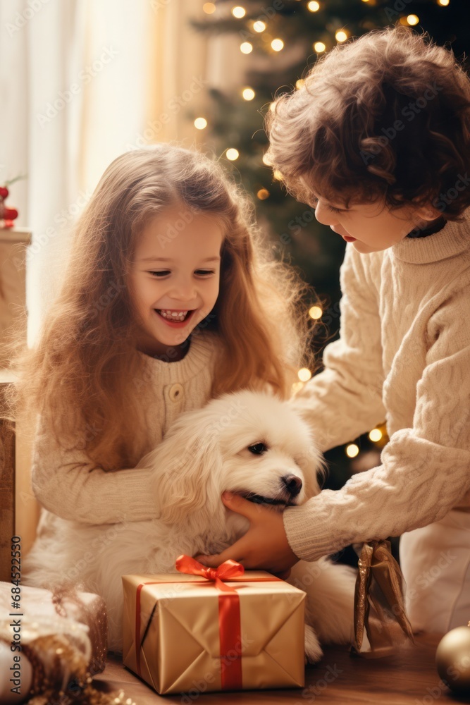 Christmas details - kids and their dog pets with lots of presents and gifts on christmas eve. Santa presents and details of joy. holiday spirit Christmas details - kids and their dog pets with lots of presents and gifts on christmas eve. Santa presents and details of joy. holiday spirit