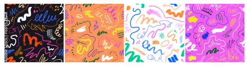 Abstract doodle backgrounds, seamless patterns set. Repeating scribble lines,...