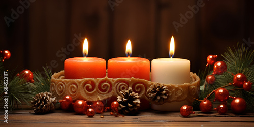 Christmas candles and lights composition rustic style. Christmas candle decoration with natural wooden elements, berries, green fir spruce branches, cinnamon