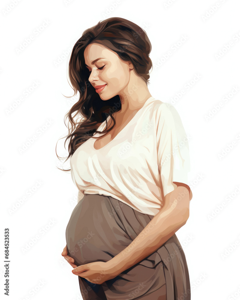 Pregnant woman hugs her big belly with her hands on a white background in a flat illustration style Pregnant woman hugs her big belly with her hands on a white background in a flat illustration style