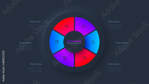 Dark cycle neumorphism diagram divided into 6 sectors. Circle infographic design template