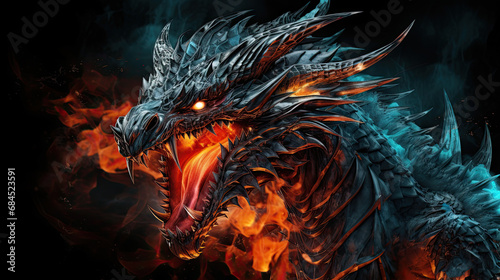 dragon with fire isolated on a black background