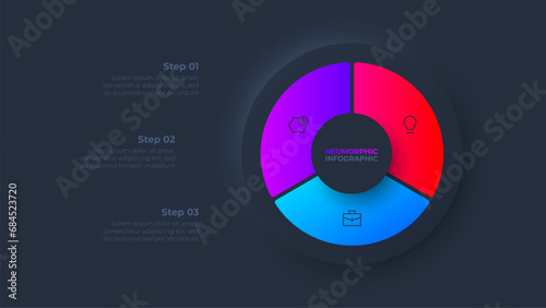 Dark cycle neumorphism diagram divided into 3 sectors. Circle infographic design template