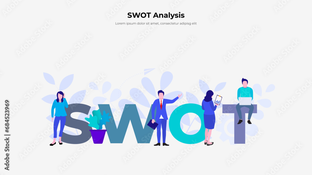 Illustration of SWOT analysis or strategic planning. Infographic design template with people