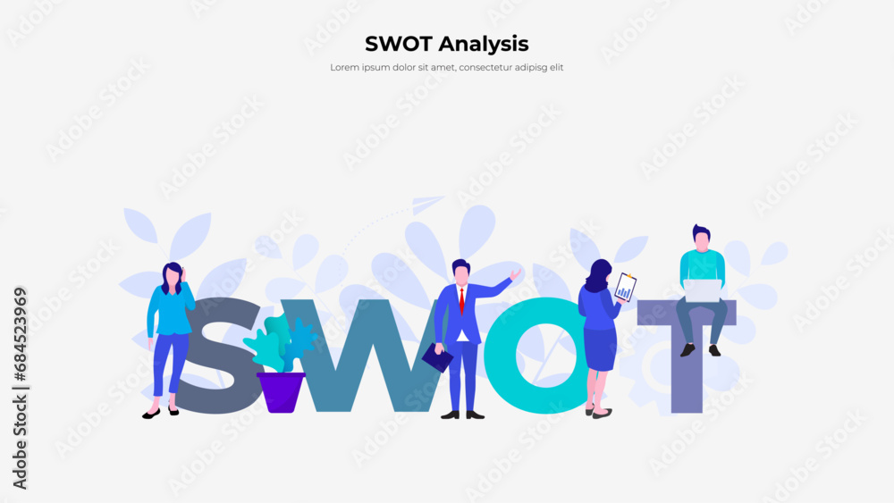 Illustration of SWOT analysis or strategic planning. Infographic design template with people Illustration of SWOT analysis or strategic planning. Infographic design template with people