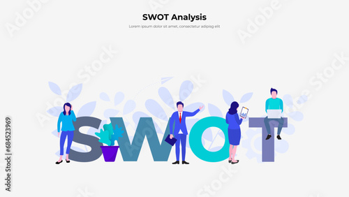 Illustration of SWOT analysis or strategic planning. Infographic design template with people