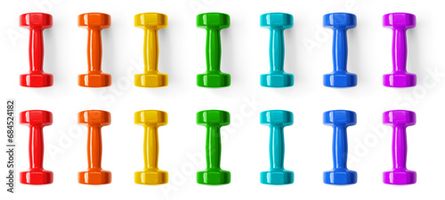 Set of images of dumbbells of different colors with and without shadows isolated on a transparent background. View from above. photo