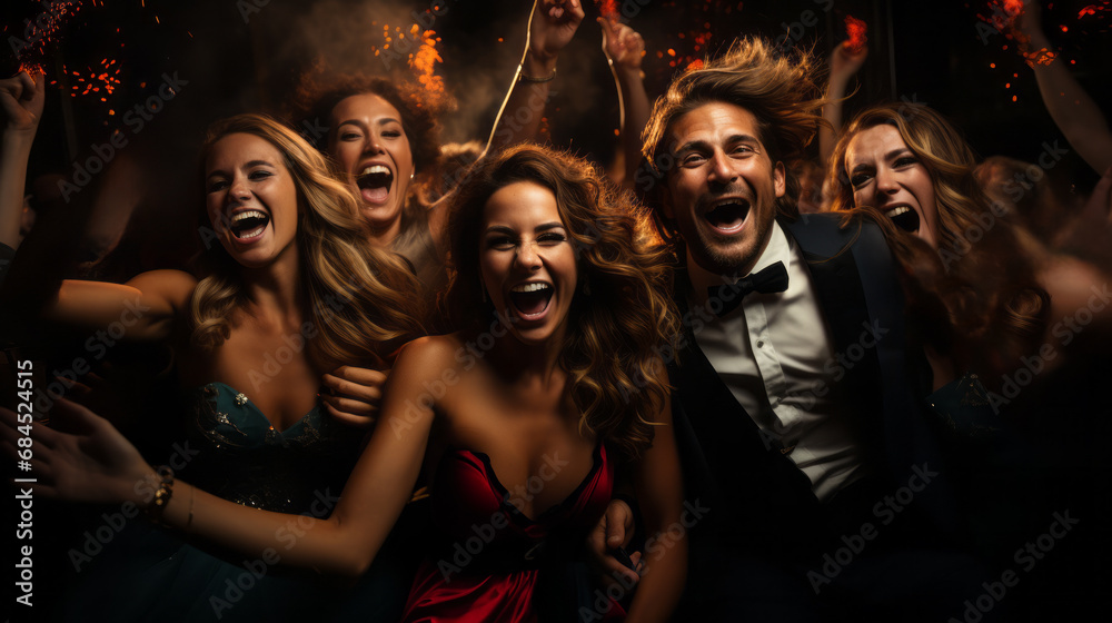 Four Womans and One Man dressed for party in euphoria inside a street crowd to celebrate a very happy event with red sparkle and night in background