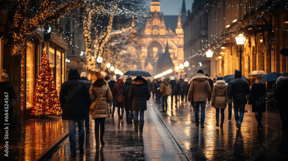 Pedestrian street in old north european style with blurry crowd under rain with many luminous Christmas decorations along the shops in evening and a blurry background
