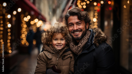Close-up Portrait of a smiling daddy with his young happy son with a blurry night street with Christmas lights in background