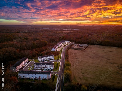 Photography Aerial view of a stunning sunrise over the cityscape of West Berlin, New Jersey