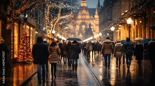 Pedestrian street in old north european style with blurry crowd under rain with many luminous Christmas decorations along the shops in evening and a blurry background