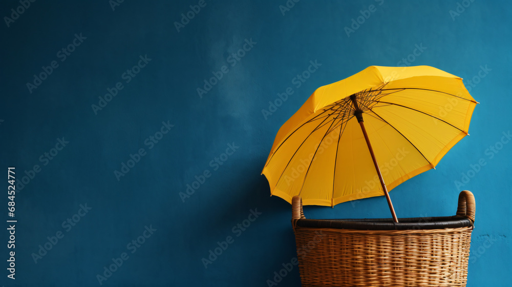 A yellow umbrella sitting on top of a wooden basket - obrazy, fototapety, plakaty 