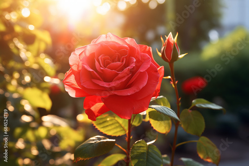 Attractive Close-up of a Red Rose in the Garden at Sunset, Garden background, Generative AI