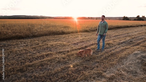 Man walks cute cocker spaniel dog on leash in field with mown grass at sunset