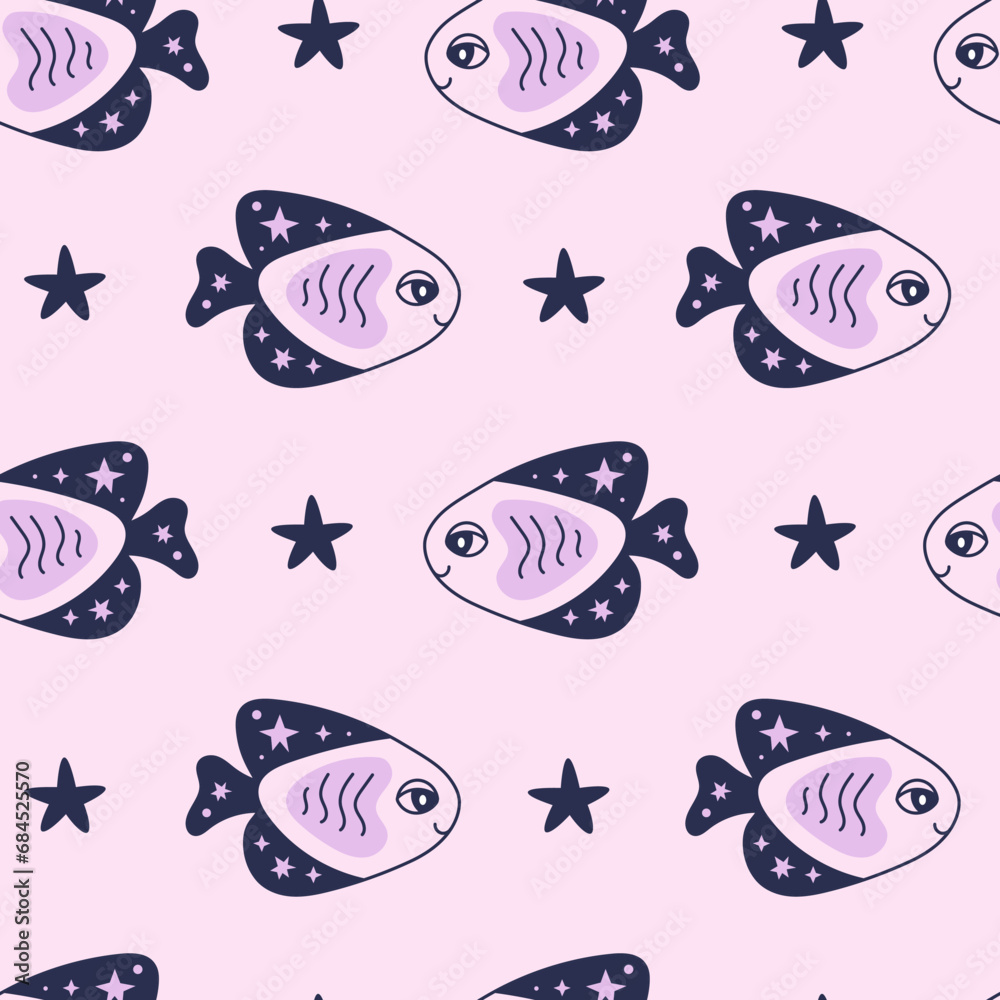 Naklejka premium Celestial seamless pattern with fish and star. Cute childish pink endless background with cartoon underwater and sky elements in doodle style. Repeat vector illustration for kids