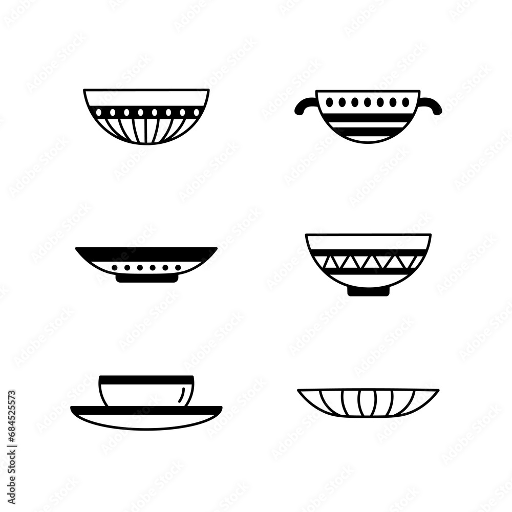 Plate doodle icon set. Decorative empty dishes with line ornament. Black outline symbol for restaurant, delivery, cafe. Food vector illustration. Plate doodle icon set. Decorative empty dishes with line ornament. Black outline symbol for restaurant, delivery, cafe. Food vector illustration.