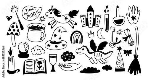 Fantasy and Fairy tale doodle elements set. Cute hand drawn black outline magical icons and symbols collection with unicorn, dragon, castle, potion, witch hat, elixir, book. Vector illustration.