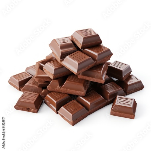 Close-up of delicious chocolate pieces on a white background