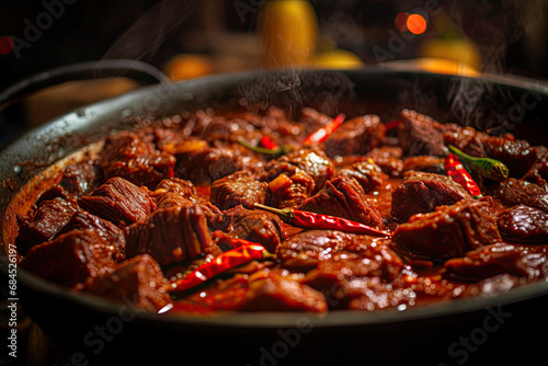 close up spicy stew beef on a pan photo