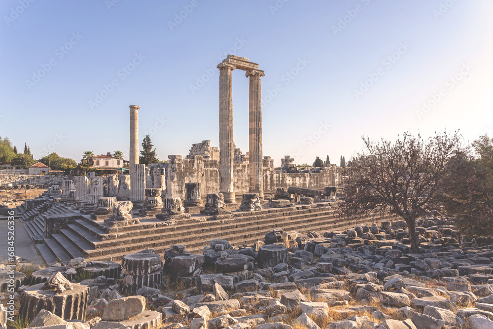 Fototapeta premium Great Temple of Apollo at Didyma (Didimeion) at summer sunset. Panoramic view. Didim (Aydin), Turkey (Turkiye)