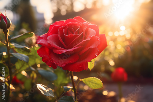 Beautiful Close-up of a Red Rose in the Garden at Sunset, Garden background, Generative AI