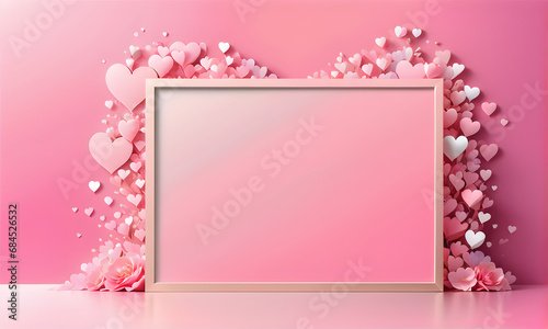 An empty template decorated with hearts and flowers against a pastel pink background. wedding banner, wedding background. Valentine's Day Banner. Generative AI © 냥냥냥 난