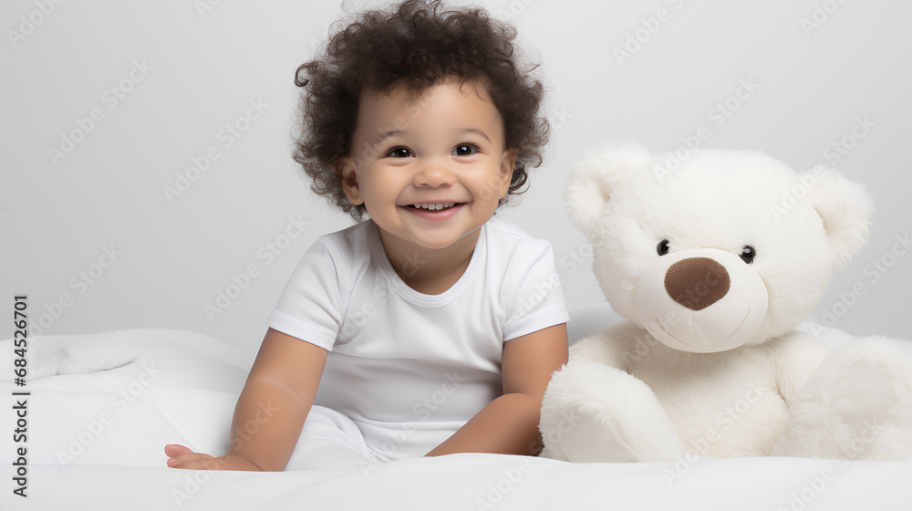 A curious toddler sitting on a soft bed beside a huggable white bear plush toy, Generative AI A curious toddler sitting on a soft bed beside a huggable white bear plush toy, Generative AI