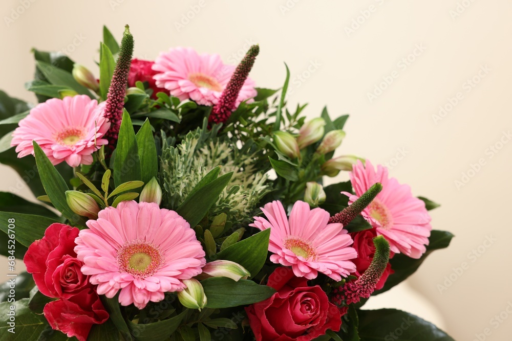 Bouquet of beautiful flowers on light background, closeup. Space for text Bouquet of beautiful flowers on light background, closeup. Space for text
