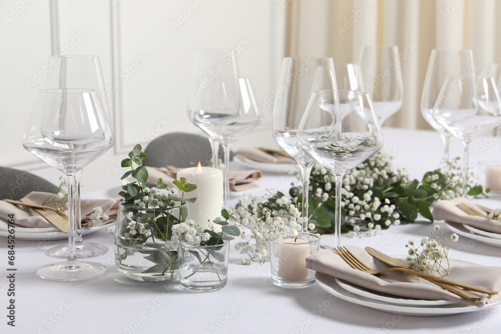 Beautiful table setting with floral decor indoors Beautiful table setting with floral decor indoors