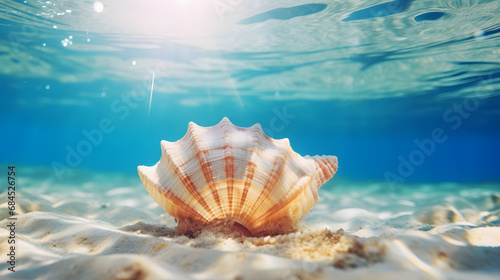 Seashell on the summer beach in sea water. Underwater ocean background. generative ai.