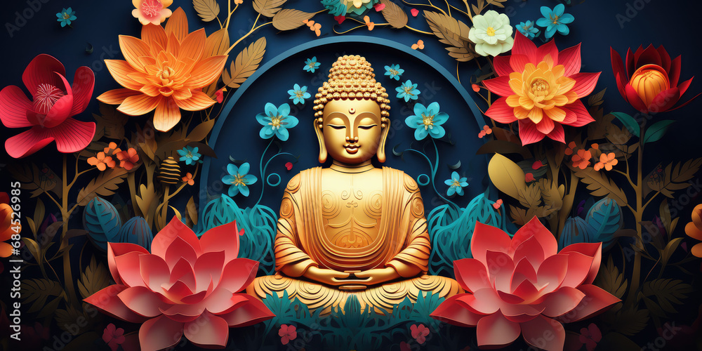 Glowing golden buddha with colorful paper cut flowers - obrazy, fototapety, plakaty 