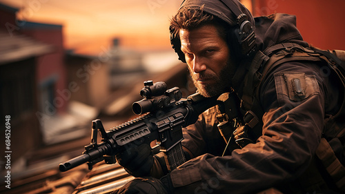 A sniper on the roof of a house, sniper rifle photo