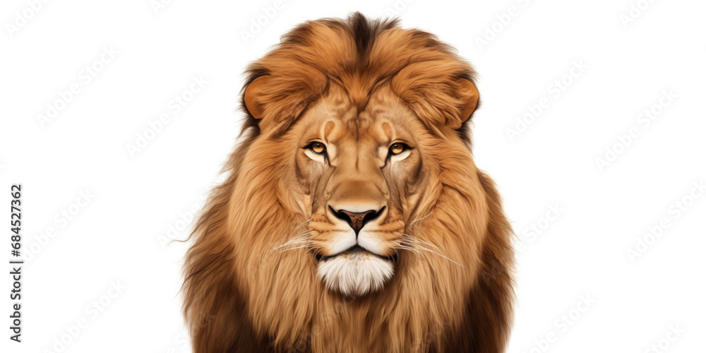 The King's Gaze. A Majestic Lion's Face in Close-Up on a Pristine, White Background