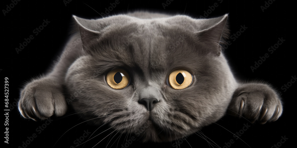A Majestic Gray Cat With Piercing Yellow Eyes, Gazing Intensely Against a Dark Abyss