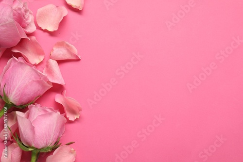 Beautiful roses and petals on pink background, top view. Space for text