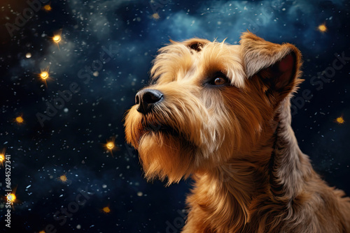close up golden terrier dog with starry night sky