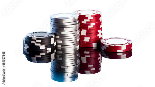 A modern collection of poker chips with metallic finishes, neatly stacked next to a sleek isolated on a transparent background, Generative AI