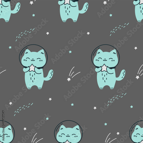 Seamless vector pattern on white background. Cute cat in a spacesuit holding a star in his paws. . Vector illustration