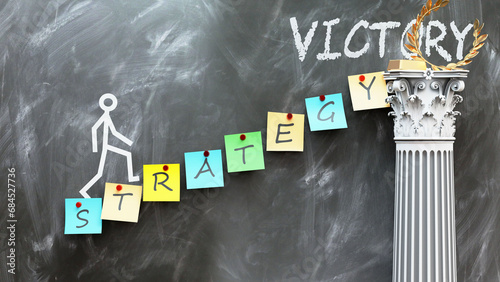 Strategy leads to Victory - a metaphor showing how strategy makes the way to reach desired victory. Symbolizes the importance of strategy and cause and effect relationship.,3d illustration