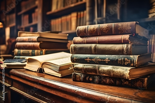 Stacks of old books on wooden desk in old library. Ancient books historical background. Retro style. Conceptual background on history, education, literature topics. generative ai. photo