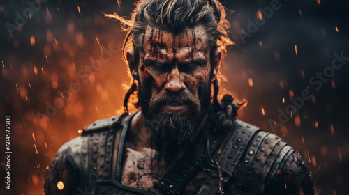 Warrior with face scars standing before a fiery background. photo