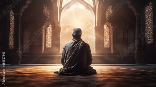 back view a muslim man praying in a mosque with sunlight coming in
