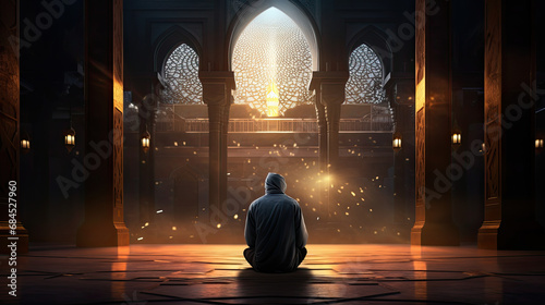back view a muslim man praying in a mosque with sunlight coming in photo