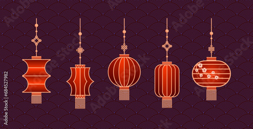 Set of Chinese paper Hanging lantern Denglong. Good luck knot. Chinese New Year, Mid-Autumn Festival. Flat minimalistic geometric design. For stickers, posters, postcards, design elements. photo