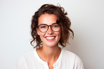 smiling European woman in her 30s. white background