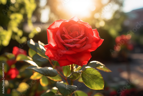 Beautiful Close-up of a Red Rose in the Garden at Sunset, Garden background, Generative AI