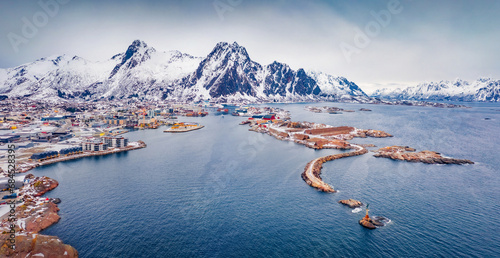 Panoramic winter view of Svolver town. Picturesque morning seascape of Norwegian sea, Lofoten Islands, Norway, Europe. Traveling concept background. Life over Polar Circle.