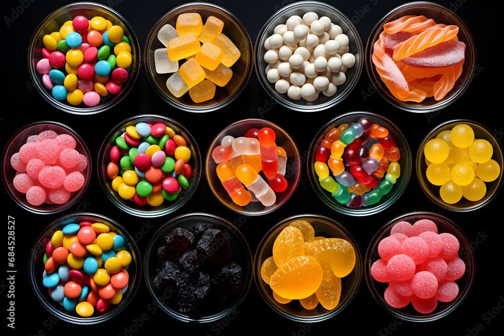 Supe set of different sweets on black background hard candies dragee jelly beans peppermint candy isolated on the white background. generative ai. Supe set of different sweets on black background hard candies dragee jelly beans peppermint candy isolated on the white background. generative ai.