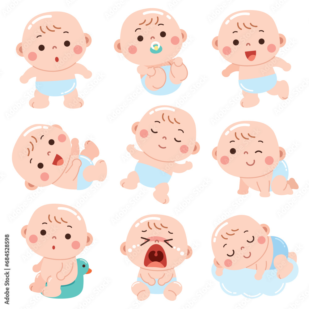 A delightful cartoon-style illustration featuring babies in different playful and expressive poses. A delightful cartoon-style illustration featuring babies in different playful and expressive poses.